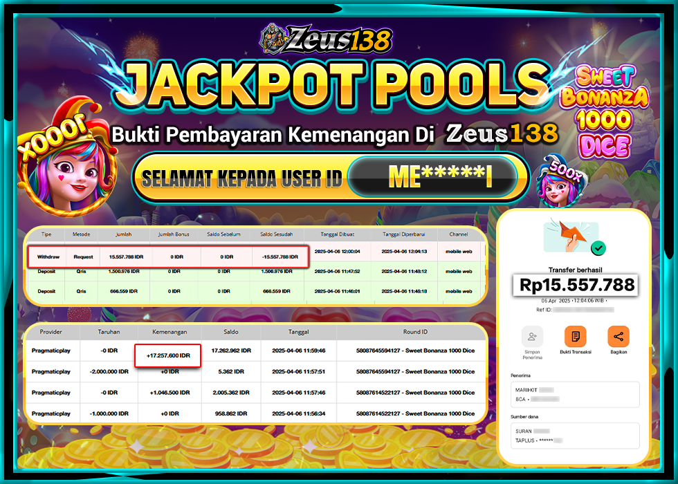 ZEUS138 JACKPOT  SWEET BONANZA DICE 1000 Rp.15.557.778,- LUNAS